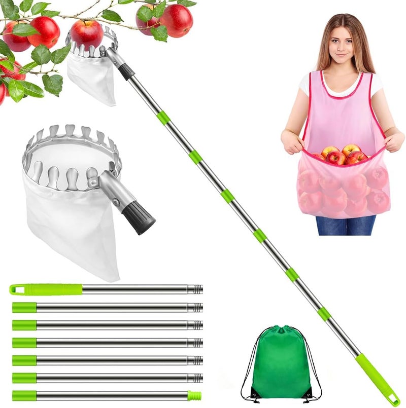 Nexstron Fruit Picker and Gardening Harvest Storage Apron Set - 2.8m/9.2ft Fruit Picker Tool with Telescopic Handle, Stainless Steel Connecting Pole and Drawstring Storage Bag, Picker for Apple Lemon Cherry - Image 1